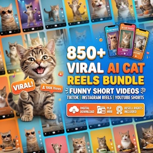 Könnte beinhalten: Ein digitales Bundle mit über 850 viralen KI-Katzen-Reels. Das Bild zeigt eine lächelnde getigerte Katze mit den Worten "VIRAL!" und "100K Views". Das Bundle enthält lustige Kurzvideos für TikTok, Instagram Reels und YouTube Shorts.