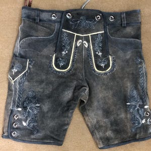 Vintage Bavarian Lederhosen Shorts – Genuine Suede Leather with Embroidery – Oktoberfest Traditional German Costume