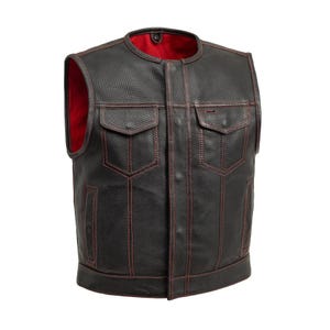 Men&#39;s Black Leather Motorcycle Vest with Red Stitching – Club Style Biker Vest, Sleeveless Riding Jacket, Perforated Cowhide, Red Liner