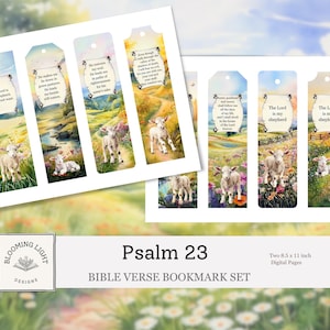 May include: A set of Bible verse bookmarks featuring pastoral scenes with lambs and text from Psalm 23. The bookmarks have a watercolor style with soft colors and a decorative border. The set includes two 8.5 x 11 inch digital pages.
