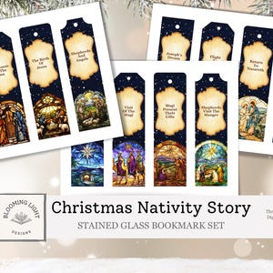 May include: A collection of stained glass bookmarks depicting scenes from the Christmas Nativity Story. Each bookmark has a dark blue starry background and a unique illustration. Text includes "Shepherds and Angels" and "Visit of the Magi".