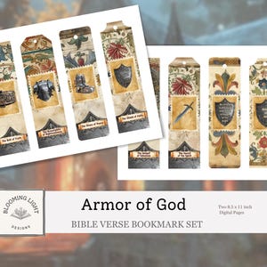 May include: A set of decorative bookmarks with an antique design. Each bookmark features a different element of the Armor of God, including a shield, sword, and breastplate. The bookmarks have floral and ornate patterns, with text at the bottom.