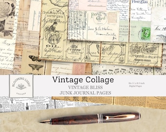 Op de afbeelding: Een verzameling vintage ephemera, waaronder ansichtkaarten, handgeschreven notities en botanische illustraties. De collage heeft een verscheidenheid aan texturen en kleuren, met een pen onderaan. De tekst "Vintage Collage" staat prominent weergegeven.