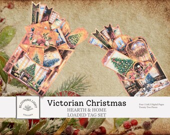May include: Victorian Christmas loaded tag set featuring images of Christmas trees, fireplaces, and window scenes. The tags are in a variety of shapes and sizes, with a vintage aesthetic. The set includes four 11x8.5 digital pages with twenty-two pieces.