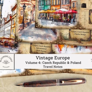 May include: A collection of digital travel notes titled "Vintage Europe, Volume 4: Czech Republic & Poland." The design features watercolor illustrations of European cityscapes, including Prague and Warsaw, with a pen in the foreground.