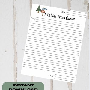 Carta imprimible para campamento de verano / Líneas de escritura a mano / Descarga instantánea