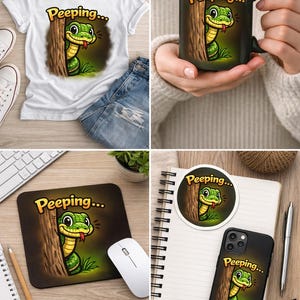 Tecknad kikande orm med clipart-klistermärke, t-shirt, mugg, musmatta