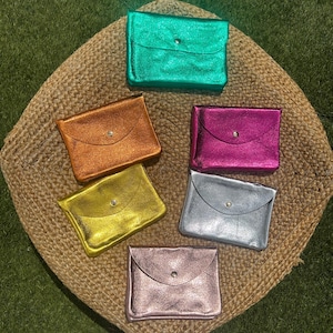 Large pouch in shiny iridescent satin leather with plenty of storage, coin purse and wallet, silver, rose gold, orange leather goods