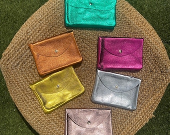 Large pouch in shiny iridescent satin leather with plenty of storage, coin purse and wallet, silver, rose gold, orange leather goods