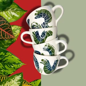 Set of 4 Handmade Ceramic With Mug Sgraffito Detail, Pottery Large Coffee Mug, Perfect Gift, Unique Snake Pattern, Handmade Clay Mugs