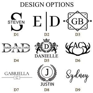 May include: A collection of design options for personalized items. The designs include names, initials, and monograms in various fonts and styles. The text "DESIGN OPTIONS" is at the top.