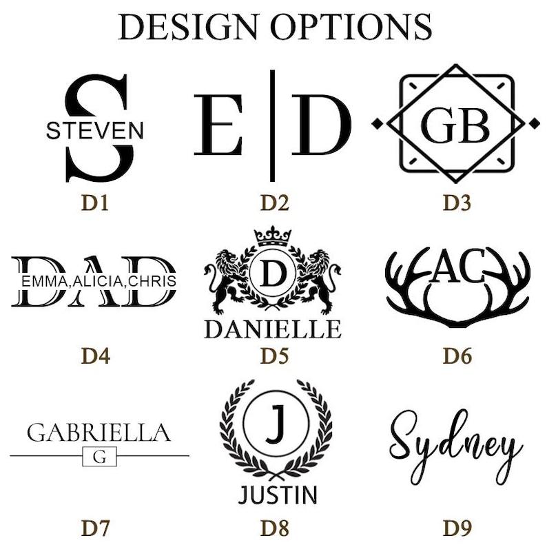 May include: A collection of design options for personalized items. The designs include names, initials, and monograms in various fonts and styles. The text "DESIGN OPTIONS" is at the top.