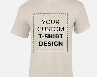 May include: A plain white t-shirt with a black box that says "YOUR CUSTOM T-SHIRT DESIGN" in a dashed border.