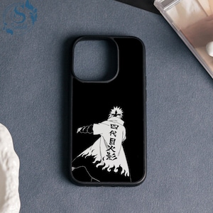 May include: Black phone case featuring a white and black illustration of a character from an anime series. The character is wearing a white coat with flames at the bottom and Japanese text. The phone case has a black border and a cutout for the camera.