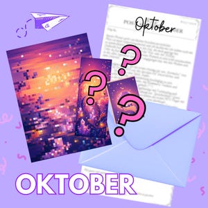 Könnte beinhalten: Ein Schreibwarenset mit einem Pixel-Art-Druck in Orange- und Violetttönen, einem passenden Lesezeichen und einer kleinen Karte, die alle mit großen rosa Fragezeichen verziert sind. Ein hellvioletter Umschlag und ein Brief mit dem Text Oktober.