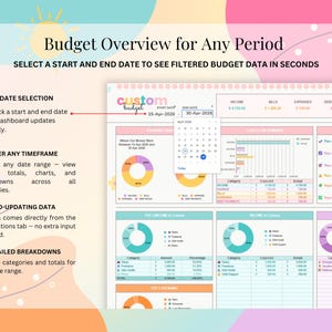 May include: A digital budget spreadsheet dashboard titled Budget Overview for Any Period, featuring a custom budget interface with date selection, income, bills, expenses, debt, and savings trackers, displayed with colourful charts and tables.