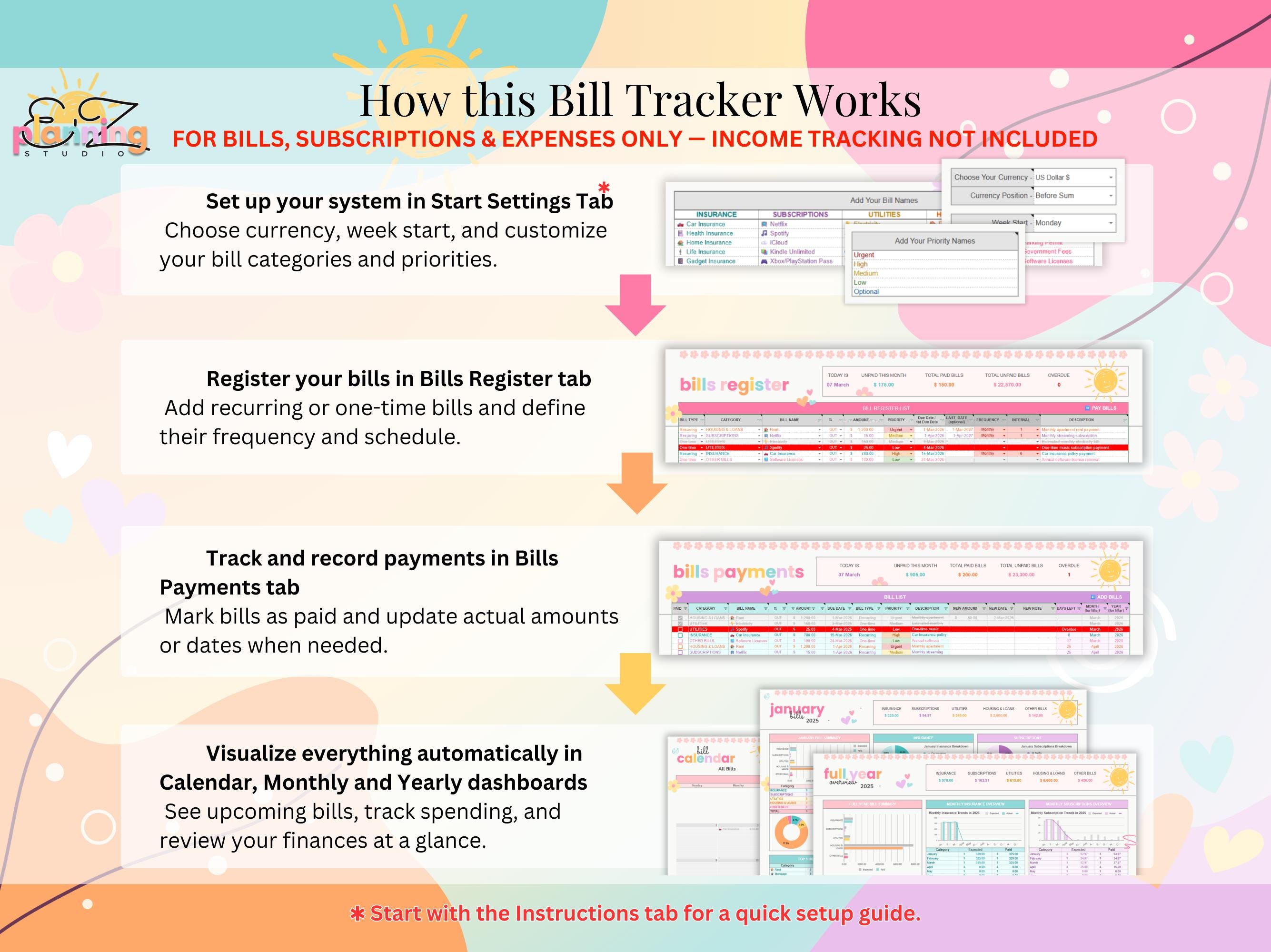 Ultimate Bill Tracker Spreadsheet for Google Sheets & Excel • Recurring ...