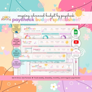 Puede incluir: Una hoja de cálculo digital colorida con el texto "paycheck budget spreadsheet" y "ongoing advanced budget by paycheck". La hoja de cálculo incluye secciones para ingresos, facturas, gastos y pagos de deudas. El texto adicional incluye "Supports Credit Card Spending & Payments" y "Easy to Use for Beginners".