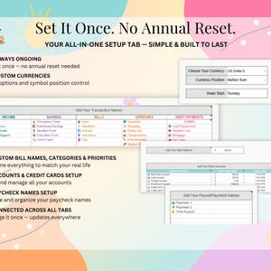 May include: A digital financial planning spreadsheet interface featuring sections for income, savings, bills, expenses, and debt payments. The layout includes customisable currency settings, account tracking, and paycheck organisation fields with text labels.
