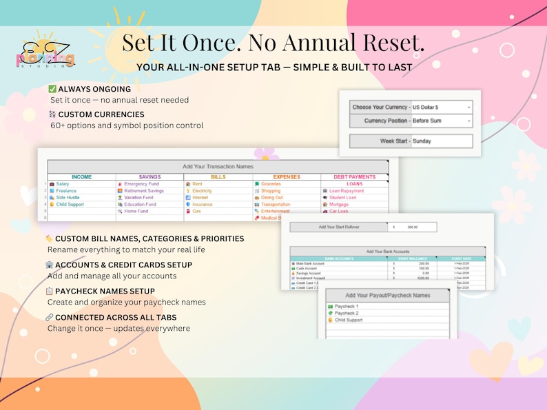 May include: A digital financial planning spreadsheet interface featuring sections for income, savings, bills, expenses, and debt payments. The layout includes customisable currency settings, account tracking, and paycheck organisation fields with text labels.