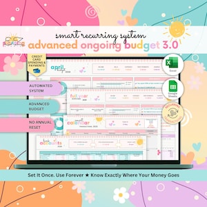 May include: A laptop screen displays a digital budget spreadsheet with the text "smart recurring system advanced ongoing budget 3.0". The spreadsheet includes sections for income, expenses, and debt payments. The background is pastel with floral and heart accents.