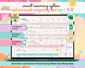 Advanced Ongoing Budget Spreadsheet • ADHD-Friendly Google Sheets & Excel Template • Income and Expense Tracker with Calendar and Accounts