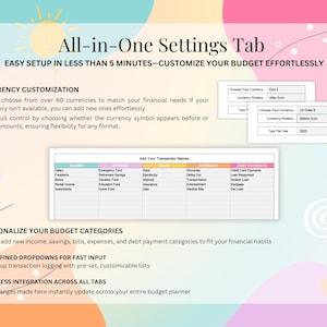 May include: An All-in-One Settings Tab digital budget planner interface featuring currency customisation, transaction category lists for income, savings, bills, expenses, and debt payments, with dropdown menus and text fields for financial tracking.