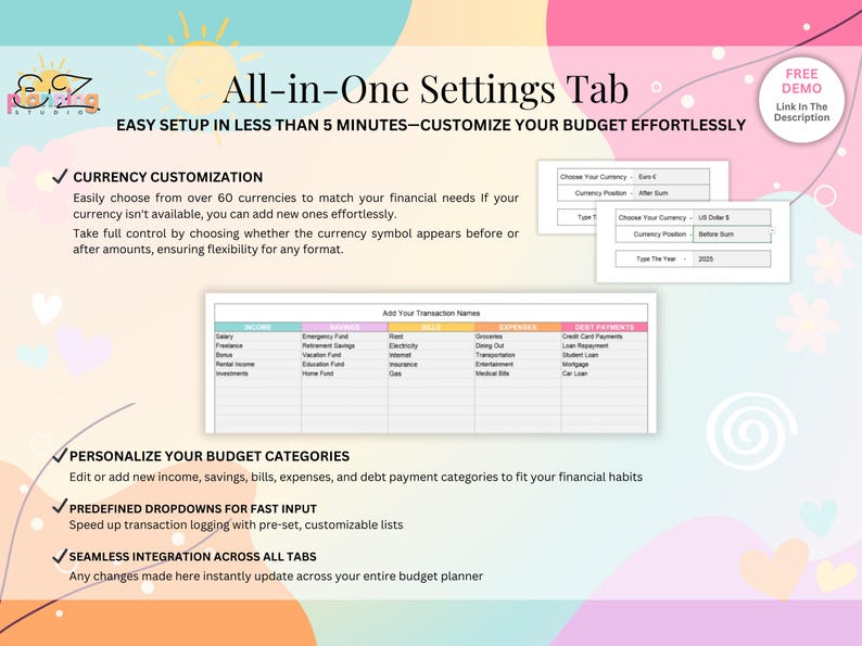May include: An All-in-One Settings Tab digital budget planner interface featuring currency customisation, transaction category lists for income, savings, bills, expenses, and debt payments, with dropdown menus and text fields for financial tracking.