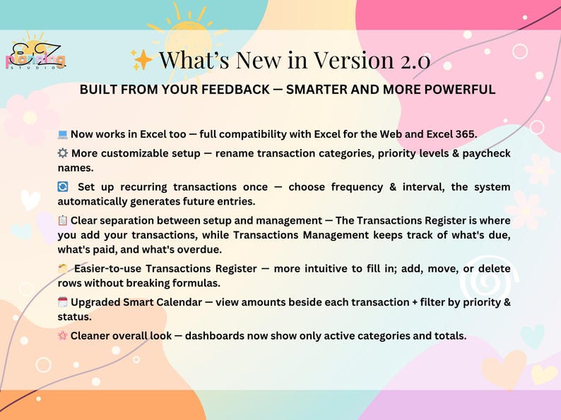 May include: A digital product announcement graphic titled What's New in Version 2.0, featuring a pastel background with hearts and flowers. It lists six updates for a financial tracking system, including Excel compatibility and a smart calendar.