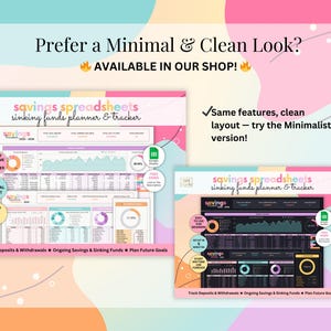 May include: Two colorful images of a savings spreadsheet template. The first image has a pink, blue, and green color scheme. The second image has a black, white, and green color scheme. Both images feature the text "savings spreadsheets sinking funds planner & tracker".