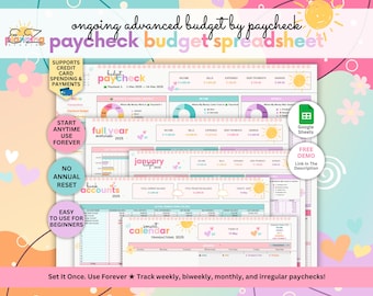Paycheck Ongoing Budget Spreadsheet • Advanced Google Sheets Template • Income and Expense Tracker with Automated Bill Calendar and Accounts