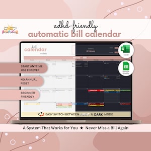 Könnte beinhalten: Ein digitaler Rechnungskalender auf einem Laptop-Bildschirm mit einer geteilten Benutzeroberfläche für hellen und dunklen Modus. Der Bildschirm zeigt ein Monatsraster für Februar 2024 mit den Texten "adhd-friendly automatic bill calendar" und "easy switch between light & dark mode."