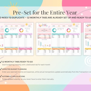 May include: A digital budget planner template featuring three monthly tabs for January, February, and March. The layout includes income and expense tables, donut charts, and bar graphs. Text includes Pre-Set for the Entire Year and 12 MONTHLY TABS READY TO GO.