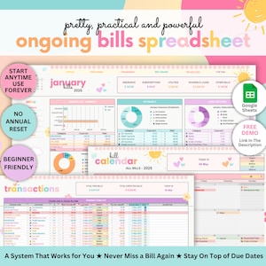 Spreadsheet met doorlopende maandelijkse rekeningen • Kleurrijke budgettracker voor Google Spreadsheets • Geen jaarlijkse reset • Financieel planner voor beginners en kinderen met ADHD