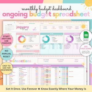 May include: A digital monthly budget dashboard and ongoing budget spreadsheet V2.1 for Google Sheets. The interface features colorful charts, transaction lists, and financial summaries with text including Start Anytime Use Forever, No Annual Reset, and Easy To Use For Beginners.
