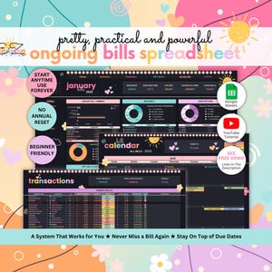 Puede incluir: Una hoja de cálculo digital con fondo negro, que muestra datos financieros y gráficos. El texto incluye "ongoing bills spreadsheet", "enero 2025" y "transacciones". El diseño incorpora elementos rosas, turquesas y amarillos, con iconos de Google Sheets y un tutorial de YouTube.