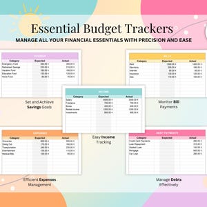 May include: A digital financial planning template titled Essential Budget Trackers featuring five distinct tables for Savings, Bills, Income, Expenses, and Debt Payments. Each table includes columns for Category, Expected, and Actual amounts in Euros.