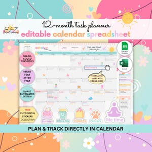 May include: A digital 12-month task planner spreadsheet with an editable calendar. The planner includes color-coded priorities, a reuse-year-after-year feature, and a smart automated system. It also offers free digital stickers and the ability to plan and track directly in the calendar.