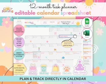 Bearbeitbare 12-monatige ADHD Aufgabenkalender Tabelle • Automatischer Google Sheets & Excel Digital Planner