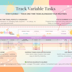 K&ouml;nnte beinhalten: Ein digitaler Planer namens "Track Variable Tasks" in Rosa und Gelb. Der Planer enth&auml;lt Abschnitte f&uuml;r Aufgabenverfolgung, Status&uuml;bersichten und intelligente Filter. Text hebt Funktionen wie organisierte Aufgaben und &uuml;berf&auml;llige Aufgabenwarnungen hervor.