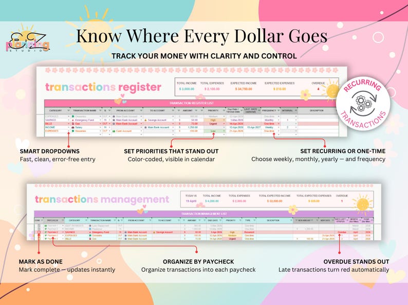May include: A digital financial tracking spreadsheet titled Know Where Every Dollar Goes, featuring a transactions register and management list. The layout includes colour-coded rows, smart dropdowns, priority settings, and recurring transaction options.