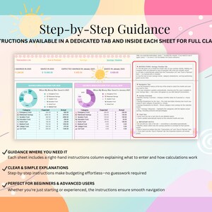 May include: A colorful digital budget planner with a step-by-step guide. The planner includes instructions, charts, and tables to help you track your finances.  "Instructions available in a dedicated tab and inside each sheet for full clarity."