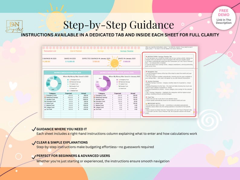 May include: A colorful digital budget planner with a step-by-step guide. The planner includes instructions, charts, and tables to help you track your finances.  "Instructions available in a dedicated tab and inside each sheet for full clarity."