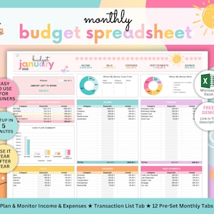 Puede incluir: Una colorida plantilla de hoja de cálculo de presupuesto mensual con el texto "monthly budget spreadsheet". La hoja de cálculo incluye secciones para ingresos, gastos y pagos de deudas. Diseñado para principiantes y se configura en 5 minutos. Incluye una demo gratuita.