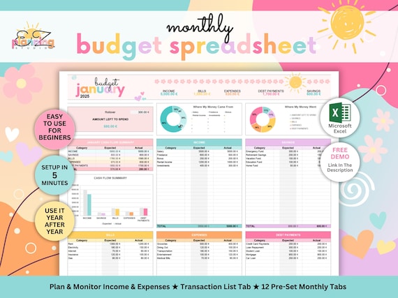 Monthly Budget Spreadsheet • Excel Sheets Finance Template • Easy Financial Planner and Expense Tracker for Beginners • 12 Monthly Tabs