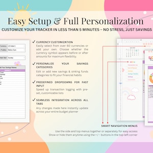 May include: A pink and white digital planner with the text "Easy Setup & Full Personalization" and "Customize your tracker in less than 5 minutes - No stress, just savings". The planner features a checklist of features including currency customization, personalized savings categories, predefined dropdowns for fast input, and seamless integration across all tabs. The planner also includes a calendar and a savings tracker.