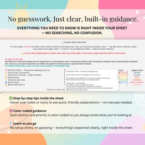 May include: A digital spreadsheet template for financial tracking featuring a central instruction box with text, colour-coded categories, and step-by-step guidance. The background is a soft pastel graphic with a sun icon and the text EZ Budget Studio.