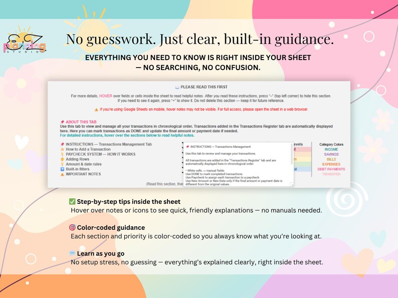 May include: A digital spreadsheet template for financial tracking featuring a central instruction box with text, colour-coded categories, and step-by-step guidance. The background is a soft pastel graphic with a sun icon and the text EZ Budget Studio.