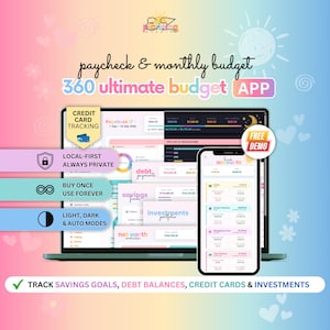 May include: A digital interface for the Paycheck & Monthly Budget 360 Ultimate Budget App displayed on a laptop and smartphone. The screen shows financial tracking for debt, savings, investments, and credit cards with a pastel gradient background.