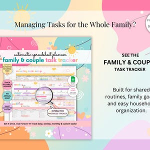 K&ouml;nnte beinhalten: Ein farbenfrohes Grafikdesign, das einen Familien- und Paar-Aufgabenplaner bewirbt. Das Bild zeigt den Text &bdquo;Aufgaben f&uuml;r die ganze Familie verwalten?&ldquo; und &bdquo;Family & Couple Task Tracker&ldquo;. Es hebt Funktionen wie automatisierte wiederkehrende Aufgaben und interaktive Fortschrittsverfolgung hervor.
